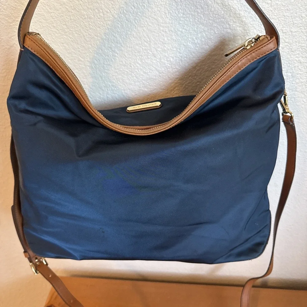Michael Kors Kempton Tote Navy Nylon & Brown Trim Gold Tone Hardware Accents